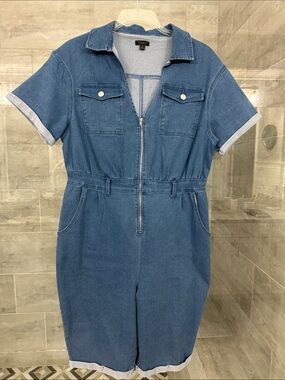 Denim Short-Sleeve One-Piece Jumpsuit - Blue